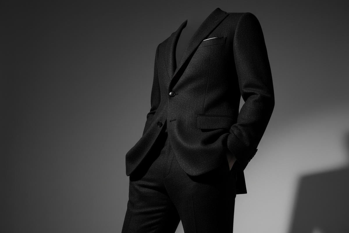 Black suit on a mannequin against a dark background