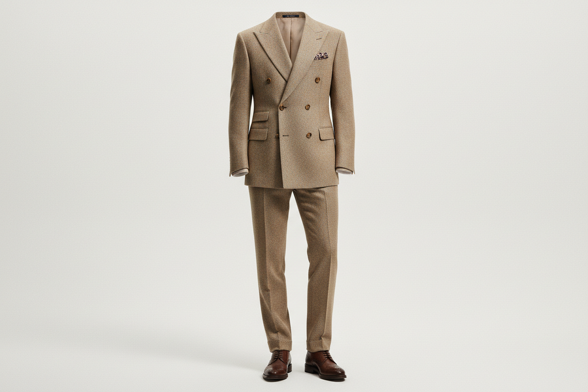 Beige suit with brown shoes on a light gray background